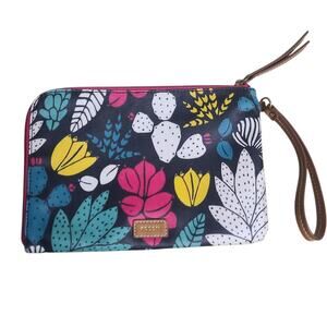 Fossil Eliza Waxed Canvas Wristlet Large Dark Floral GUC Zip Pocket